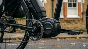A detailed, photorealistic close-up illustration of the specific black Ribble e-bike mid-drive motor unit, showcasing the engineering designed to be the quietest ebike motor, under natural British light.