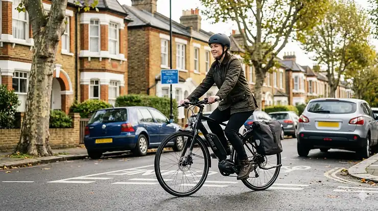 A cyclist riding a Ribble hybrid electric bike fitted with a mid-drive motor on a typical Victorian residential street in the UK, highlighting the modern and clean aesthetic of the quietest ebike motor technology. quietest ebike motor