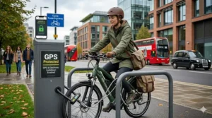 A high-security D-lock securing a GPS electric bike to a cycle stand with a "GPS Protected" sticker visible.
