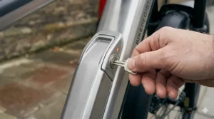 Detailed shot of a high-security integrated battery lock on an ebike frame, featuring matching BikeRegister security codes.