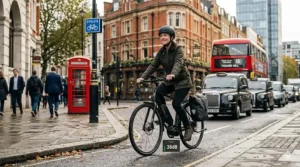 A photorealistic dynamic shot of a Ribble e-bike with a silent mid-drive motor weaving through London traffic, with a digital decibel overlay showing a low 38dB reading for a peaceful city commute.