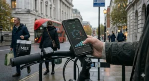 A close-up photograph of a smartphone displaying the motor tuning interface, showing a graph and sliders to adjust assistance levels for an app-controlled electric bike.