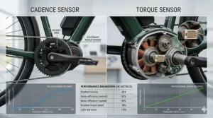 A comparative technical diagram showing the mechanical differences between a standard cadence sensor and an advanced integrated torque sensor system.