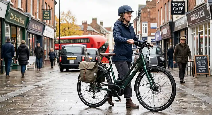 A person using the walk assist mode on a sleek electric bike while walking through a paved UK high street. walk assist electric bike