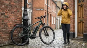 A dark green ebike parked against a brick wall in a rainy British mews, highlighting the waterproof seals that protect the internal torque sensor components.
