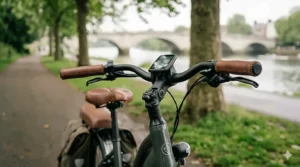 Alt text for image 7: A detailed close-up of adjustable swept-back handlebars on a premium e-bike, featuring plush brown leather grips and ergonomic customisation for a comfortable reach.