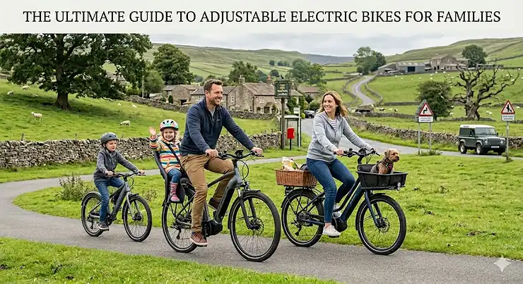 A high-quality photorealistic image of a British family cycling through the Yorkshire Dales on adjustable electric bikes equipped with child seats and wicker pannier baskets. adjustable electric bikes for families