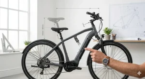 Technical illustration showing the adjustable saddle height and handlebar reach of a grey electric bike in a modern home office setting.