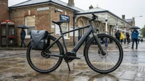 A commuter in smart office wear boarding a train with a belt drive electric bike, demonstrating the lack of chain grease on clothing.