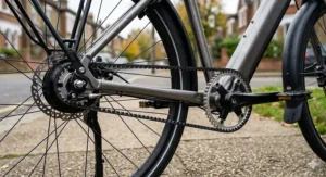 Close-up of a Gates Carbon Drive belt paired with a Shimano Alfine internal gear hub on a British hybrid e-bike.