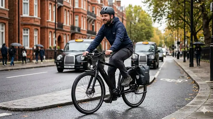 A professional cyclist riding a premium belt drive electric bike through a leafy London street, highlighting the clean, grease-free carbon drive system. belt drive electric bikes