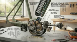 Alt text for image 4: A professional 4K technical exploded view of an e-bike motor and controller assembly on a workshop bench.
