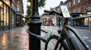 Digital illustration of a smart-locking system on a bluetooth enabled electric bike, highlighting remote immobilisation features for UK urban security.