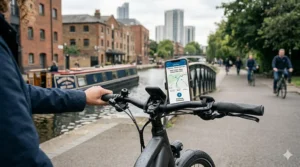 A cyclist using turn-by-turn GPS navigation displayed on an integrated ebike screen connected to a mobile device via Bluetooth.