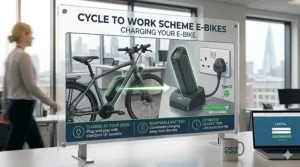 An informative illustration of a removable e-bike battery being charged at an office desk using a standard British three-pin power socket.