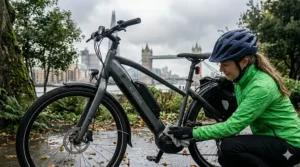 A cyclist in a high-visibility green waterproof jacket wiping down a mid-drive e-bike motor to remove grit and rainwater.