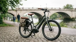 Alt text for image 2: A low-step electric bike with a swooping grey frame and brown leather saddle on a cobblestone path, illustrating an easy-access design for most comfortable electric bikes.