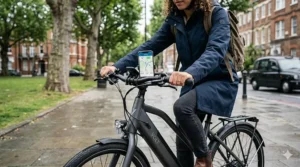 A versatile hybrid electric bike with Bluetooth features, equipped with mudguards and integrated lights for British autumn weather.