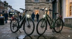 A side-by-side comparison showing the streamlined look of electric bikes with built-in lights versus traditional clip-on battery lights.