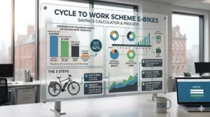 A detailed financial infographic in a British office setting explaining the tax and National Insurance savings available when purchasing an e-bike through the Cycle to Work scheme.