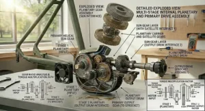 Alt text for image 9: Professional technical illustration showing the torque multiplication path and gear ratio analysis for a durable UK e-bike motor.