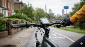 First-person perspective of the handlebars and controls of a reliable electric bike on a British urban cycle path.
