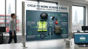 A flat-lay illustration of essential British commuter gear including a safety helmet, high-visibility jacket, waterproof panniers, and a secure D-lock.