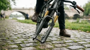 Alt text for image 3: A detailed close-up of a high-quality front suspension fork on an e-bike, designed to absorb bumps on uneven UK cobblestones and country lanes for a smooth ride.