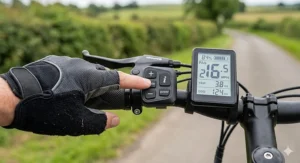 Alt text for image 7: Handlebar-mounted LCD controller on a cheap e-bike showing battery level, pedal assist mode, and speed in mph.