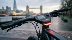 A digital display on an electric bike showing the icon for the integrated lighting system being switched on.