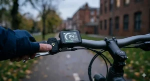 An electric bike cockpit showing the LCD display and the thumb switch used to operate the built-in lights.