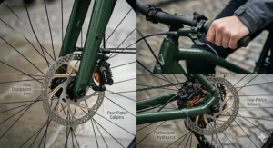 Detailed view of hydraulic disc brakes on a premium electric bike, essential for wet British weather stopping power.