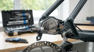 Detailed illustration of the internal gearing and belt drive system of a reliable electric bike for the UK market.