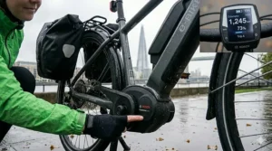 A weather-sealed e-bike handlebar display showing battery percentage and odometer, designed to function reliably in heavy British rain.