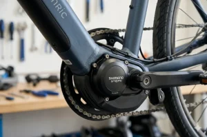 Close-up of a mid-drive motor on an electric bike, a common feature for mid-range models priced between £1000 and £2000.