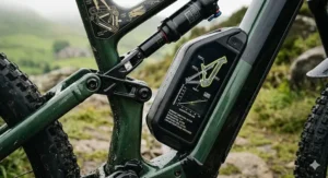 Alt text for a high-torque mid-drive motor on a full suspension electric bike with a digital display showing dynamic power output and torque data.