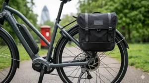 A reliable electric bike equipped with a rear pannier rack and mudguards, perfect for British commuting and shopping.