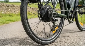 Alt text for image 5: A 250W rear hub motor on an electric bike, compliant with UK EAPC regulations for road-legal use.