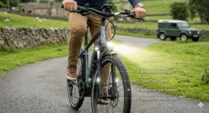 Front view of an electric bike featuring an integrated LED headlight, reflective tyre sidewalls, and daytime running lights for UK road safety.