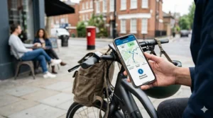 Close-up illustration of a smartphone app interface connected via Bluetooth to an electric bike, showing battery levels and British cycling routes.