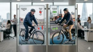 A comparison graphic showing a tired cyclist on a traditional bicycle versus a fresh, energised commuter on a modern e-bike arriving at a UK office.
