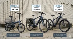 A comparison graphic showing various electric bikes priced between £1000 and £2000 to help UK buyers choose based on budget.