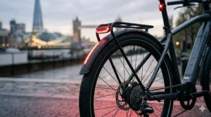 The rear view of an e-bike showing built-in red LED tail lights that brighten when the rider applies the brakes.