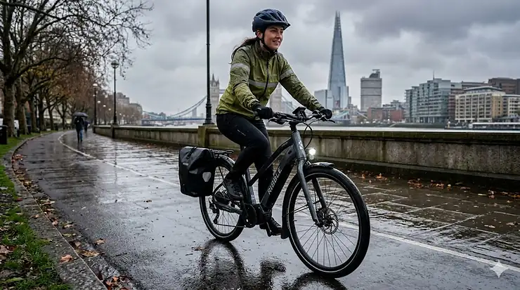 A woman cycling a modern grey e-bike along a wet London embankment with the Shard and Tower Bridge in the background under overcast British skies. e-bikes for British weather