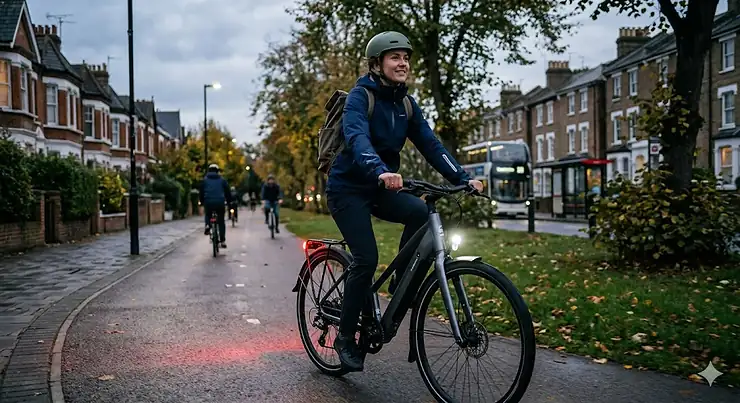 A person riding a modern electric bike with built-in lights along a British cycle superhighway at twilight. electric bikes with full mudguards