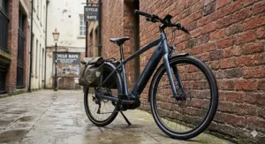 A fully equipped electric commuter bike with mudguards and a rear rack, ideal for British city cycling under a £2000 budget.