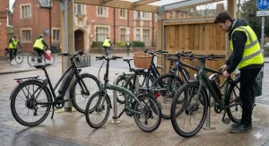 An entry-level electric hybrid bike parked outside a Tesco Express with loaded waterproof pannier bags on the rear rack.