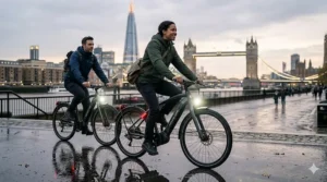 An electric hybrid bike illuminating a dark British country lane using its powerful built-in front and rear lights.