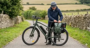 Alt text for image 8: A fully equipped electric commuter bike under £1000 featuring integrated lights, mudguards, and a rear pannier rack.