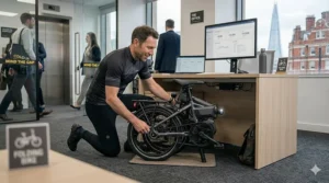 A compact folding belt drive electric bike being tucked away under a desk, perfect for multi-modal UK commuting.